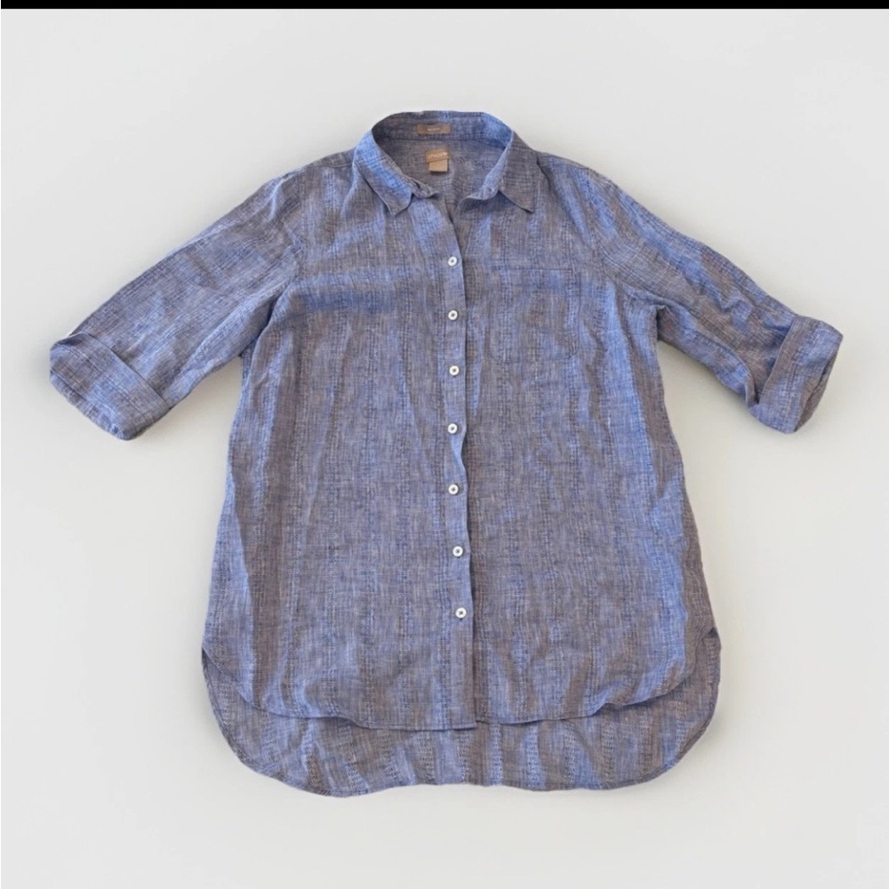 Chico’s Linen Button Down Shirt Womens Size 1 Blue Patterned No Iron EUC